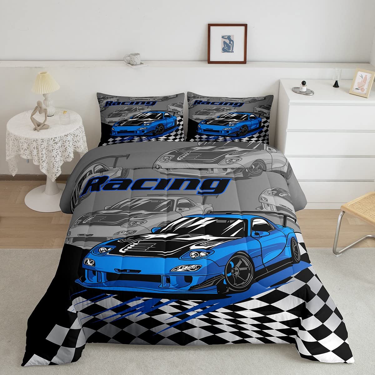 Blue Race Cars Kids Comforter Set Twin Size,Racing Flag Black White Checkered Bedding Set,Boys Girls Adults Room Decor,Extreme S